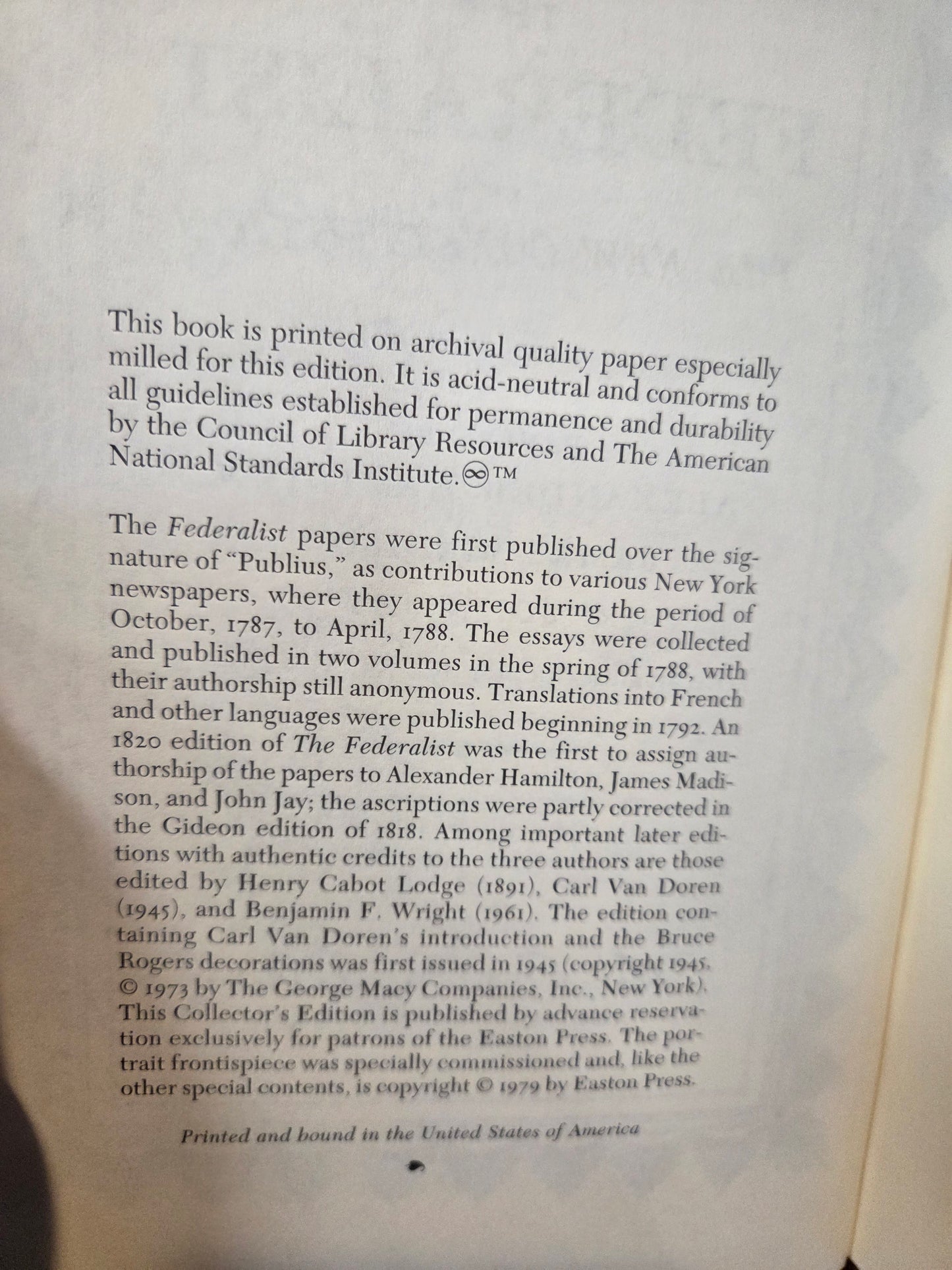 Hamilton, Madison, & Jay - The Federalist - collectors edition