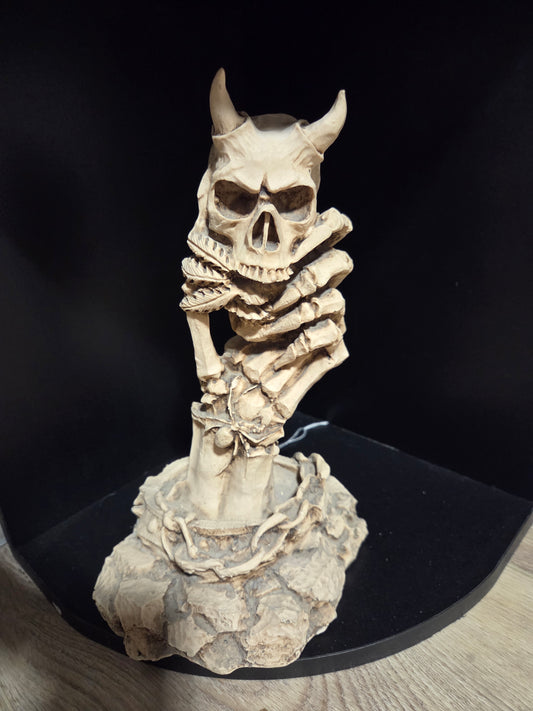 Aztec carved hand w/ skull, weed leaf